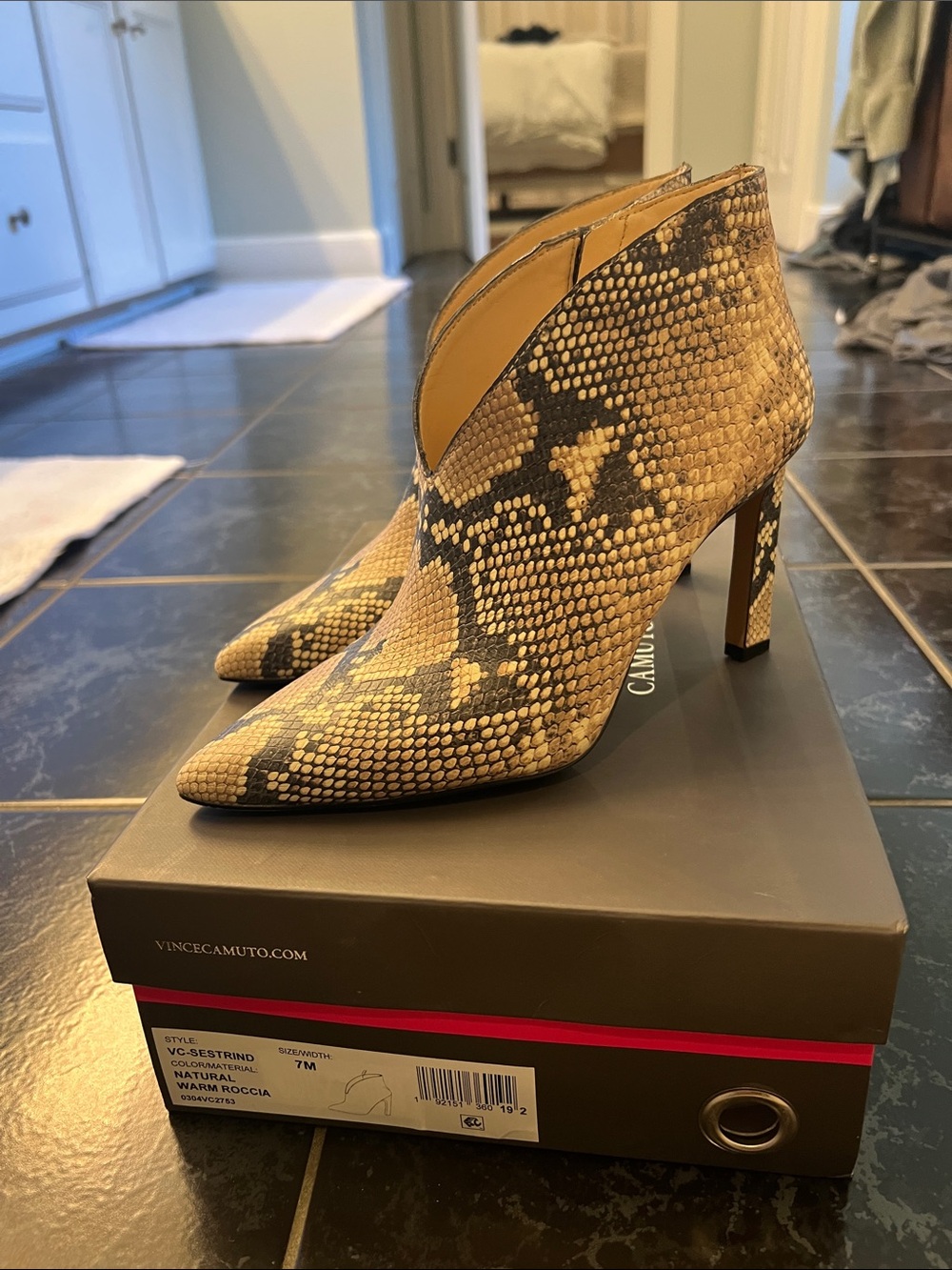 Vince Camuto Sestrind Bootie. Natural Warm Roccia Snake-Print Pointed Toe.